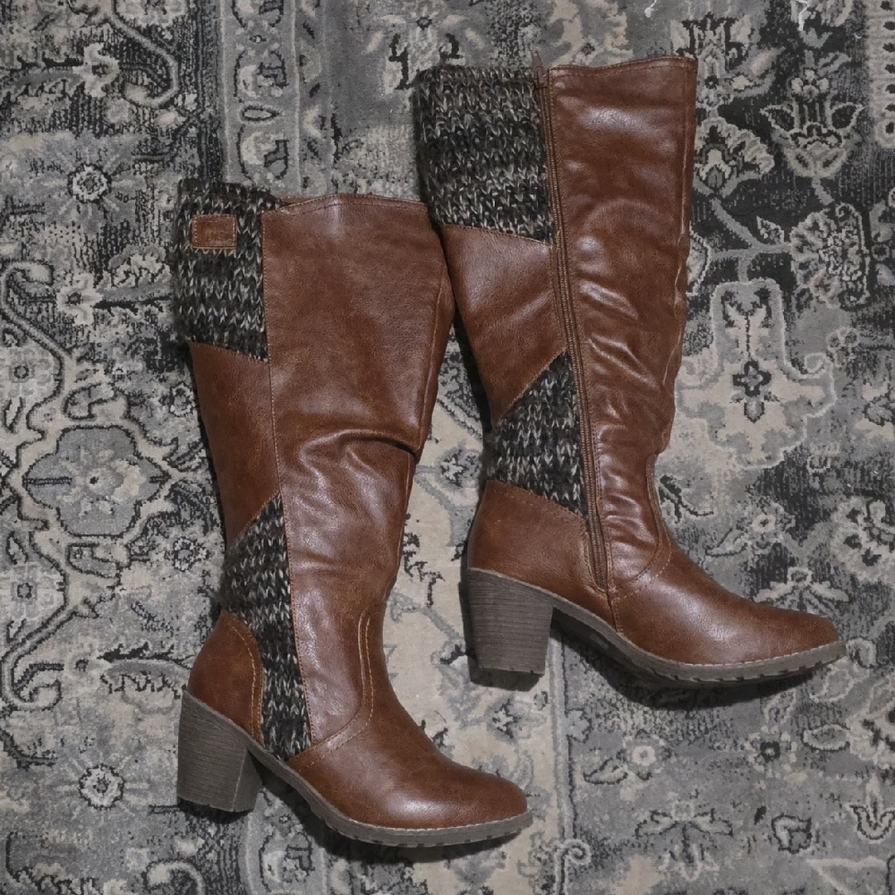 Muk Luks Brown Heeled Boots with Knit Details